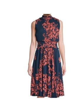 Nanette Lepore Navy Midi Dress Coral Floral Print Size 12 Pleated Wedding Guest